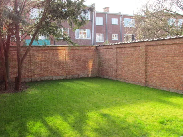 Jardin aménagé avec nouvelle pelouse et mur de jardin – IDGS Constructions, région de Kontich